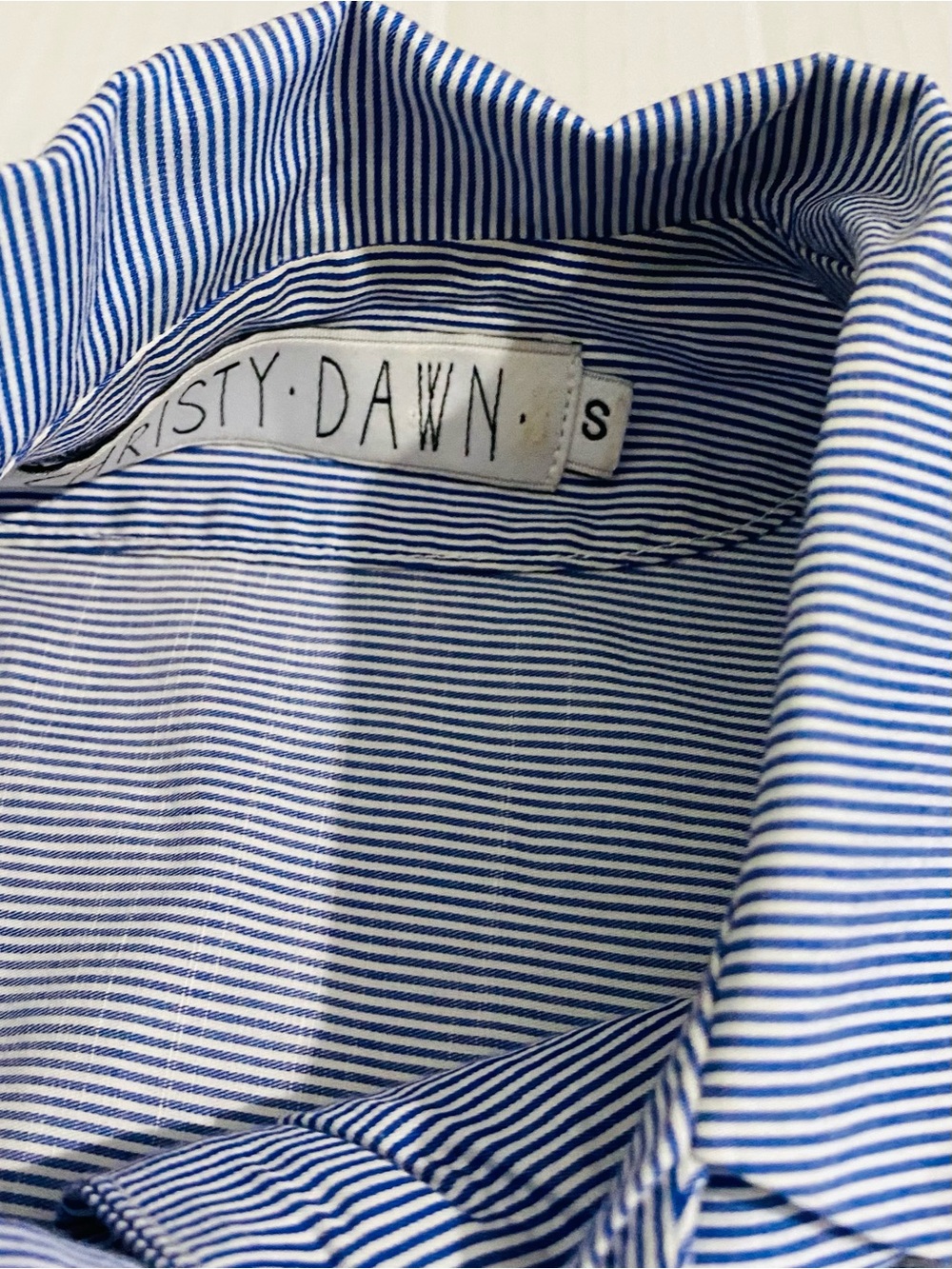 Christy Dawn Piper Blue White Pinstripe Retro Midi Dress Size Small French Girl - Picture 11 of 14